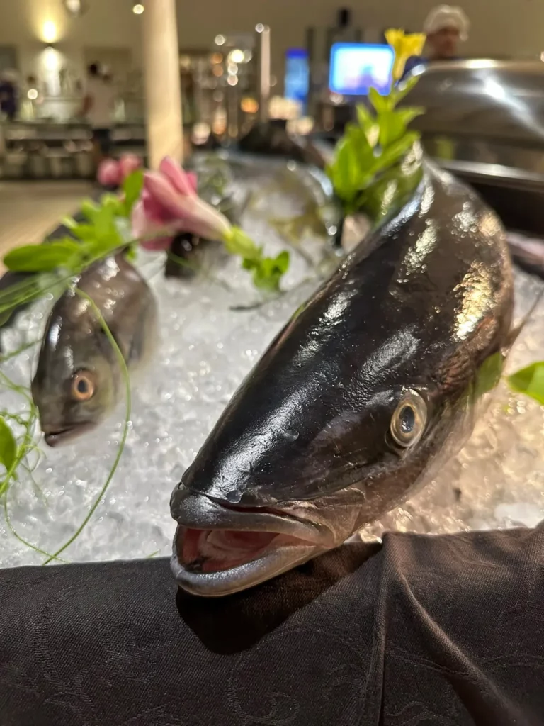 Frischer Fisch auf Eis an der Fischtheke des Robinson Club NOONU - kunstvoller Aufbau mit Blueten dekoriert